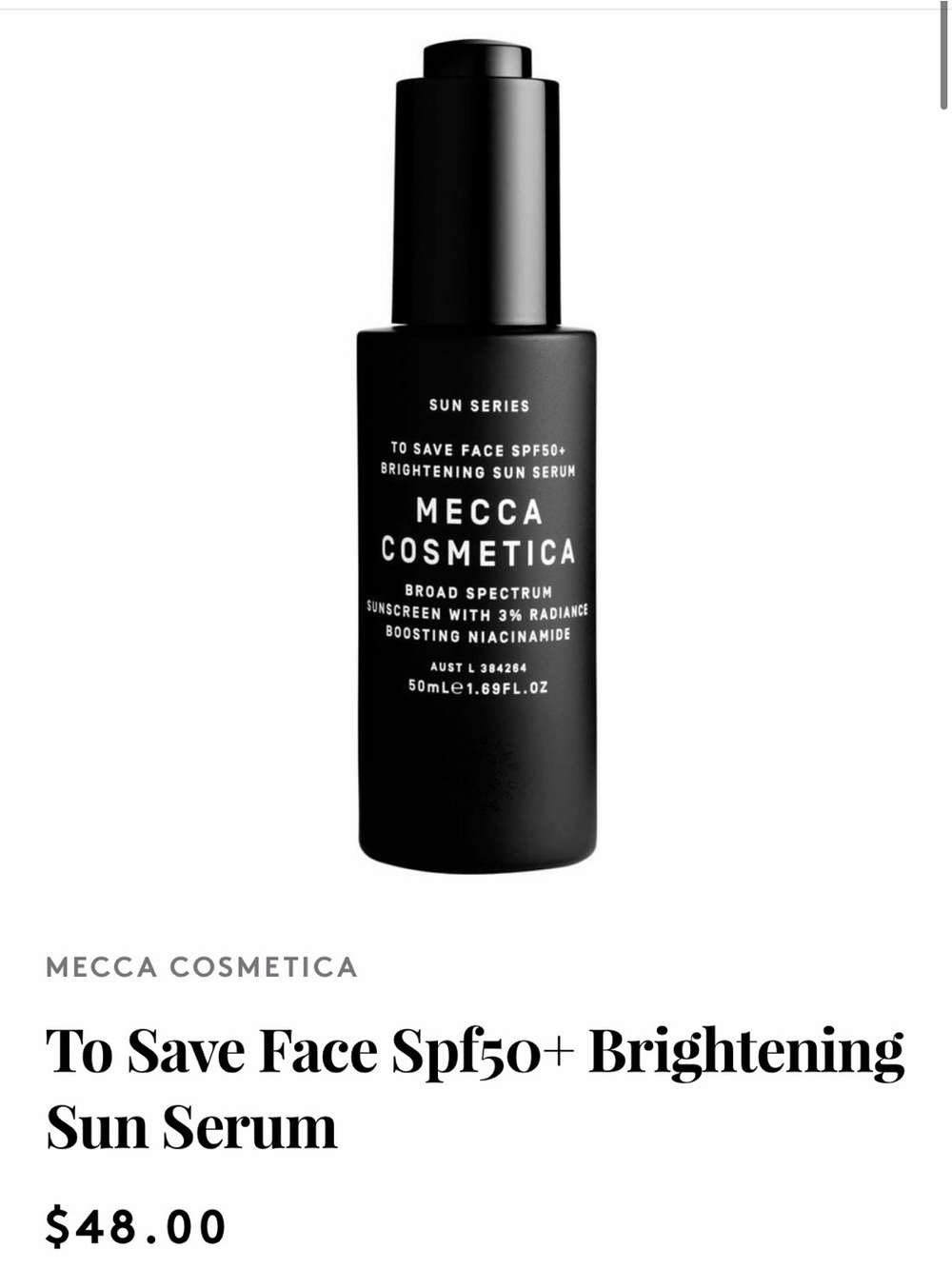 NWT Mecca Cosmetics To Save Face SPF50+ Brightening Sun Serum